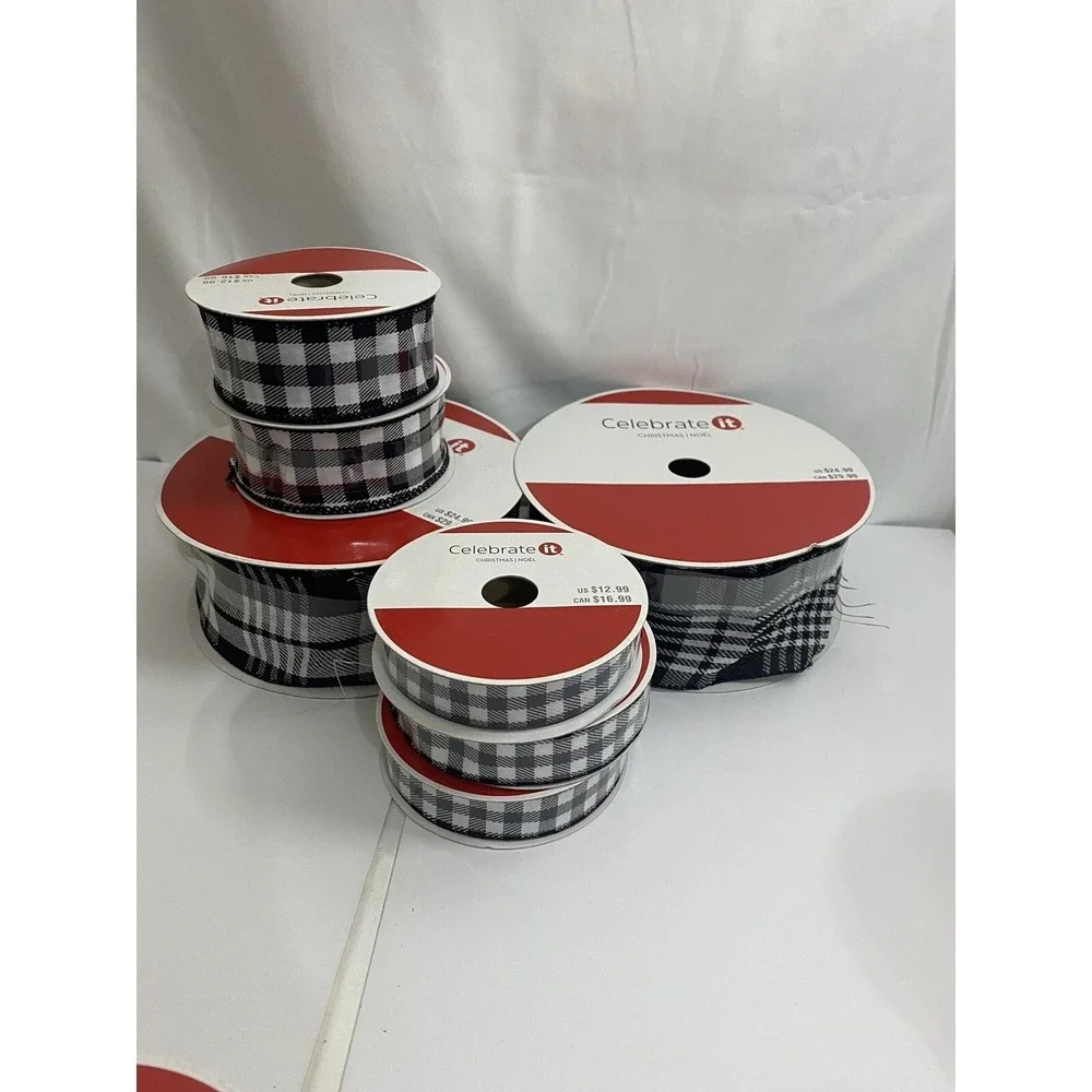 Buffalo Plaid Wired Ribbon Lot Christmas‎ Black White Craft Decor 7 Rolls